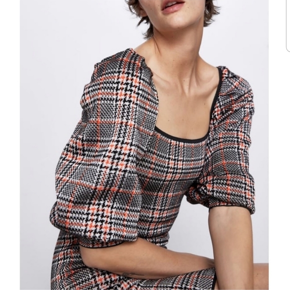zara plaid knit dress Zara Trafaluc Plaid Print Knit Asymmetric Midi Dress